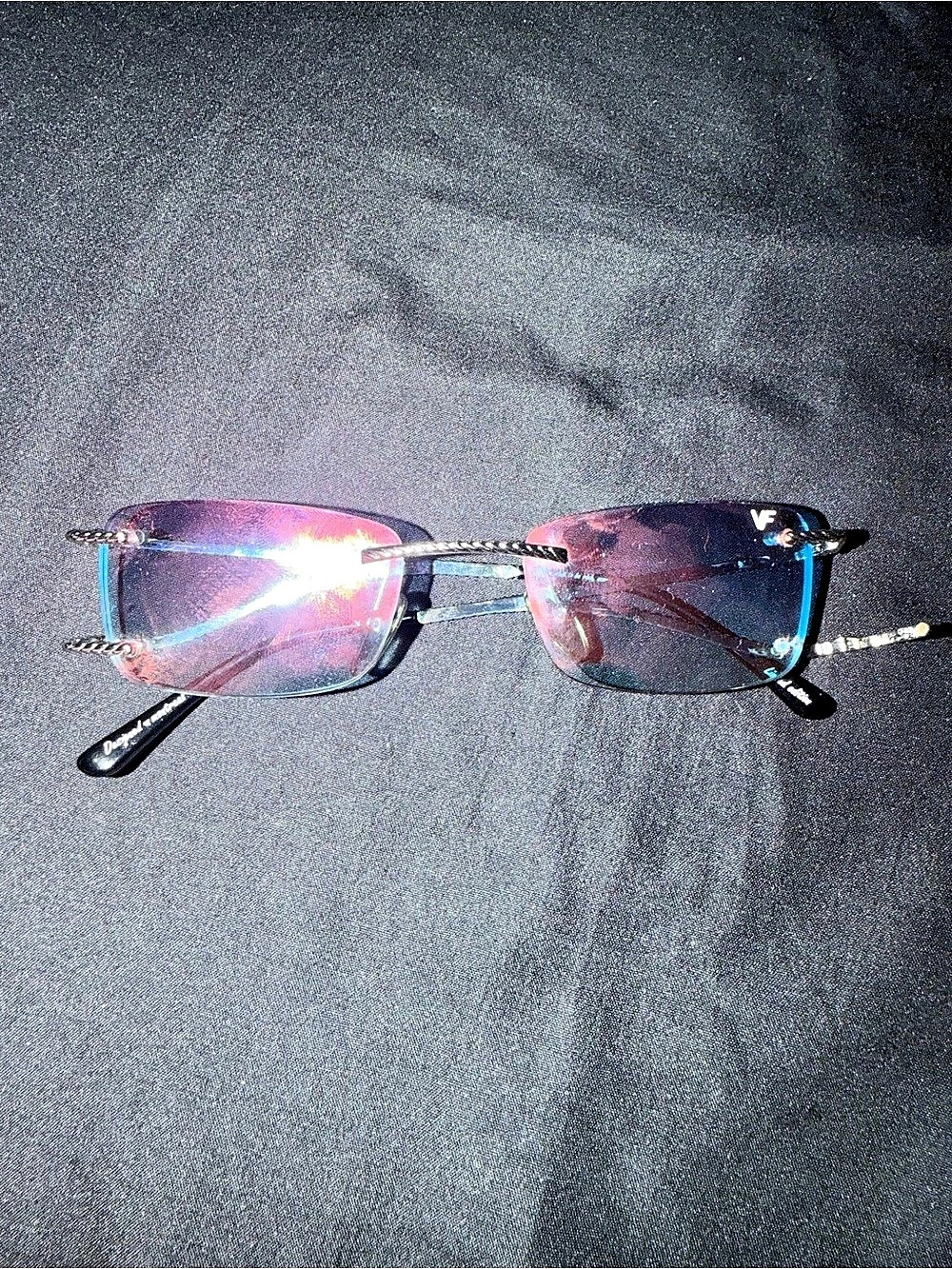 Vintage Frame Rimless Rectangular Glasses in 24kt White Gold blue lens..Repair N